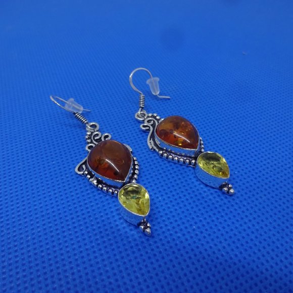 Stunning "AMBER & CITRINE" Dangle Sterling Handmade Earrings #16 - Picture 3 of 3